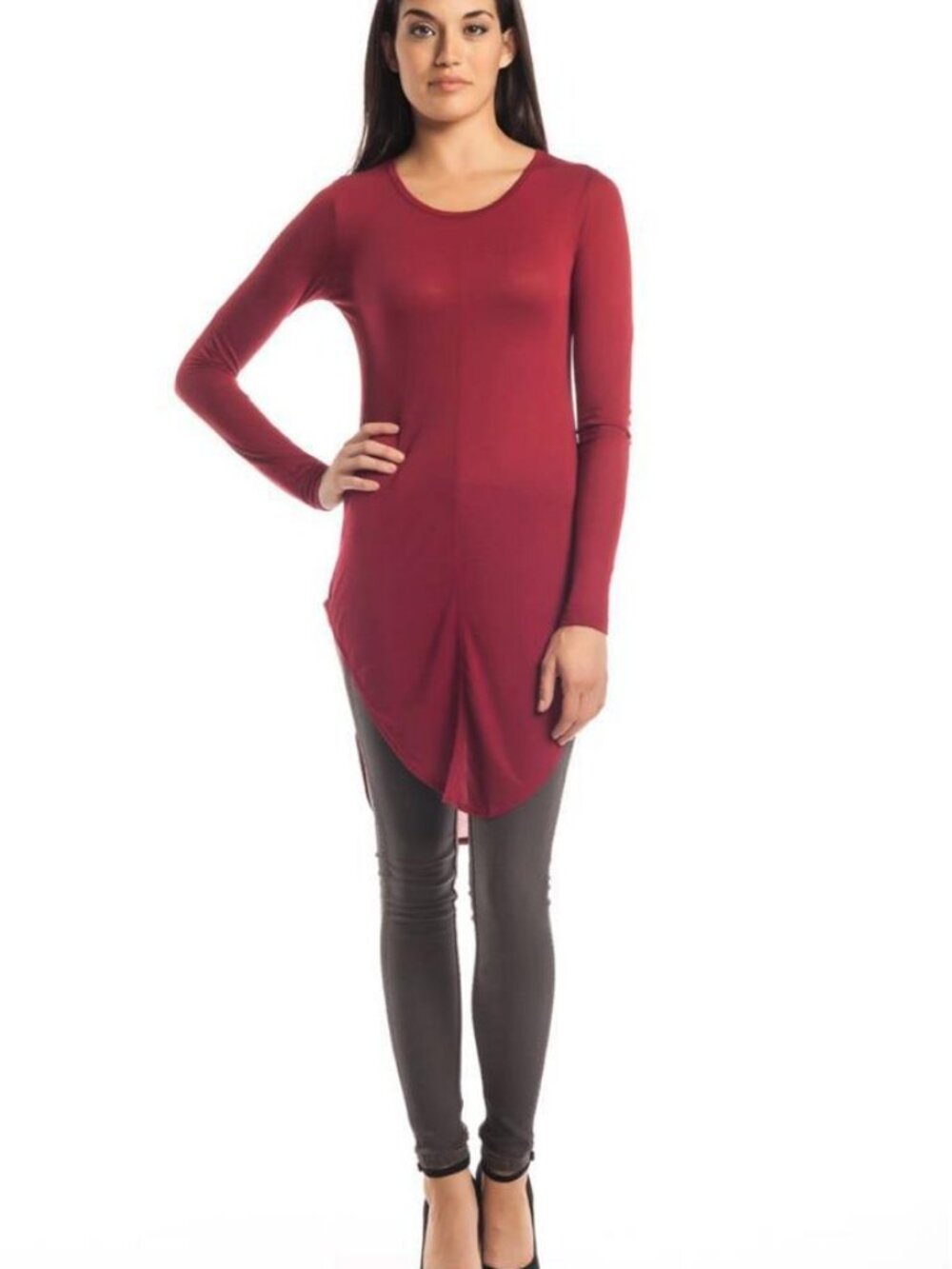 LNA Eveleigh Tunic Dark Red high low crew neckline long sleeve shirt top blouse